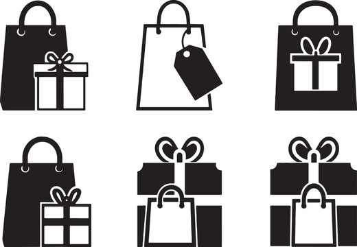 Set of black and white shopping bag and gift box icons.
