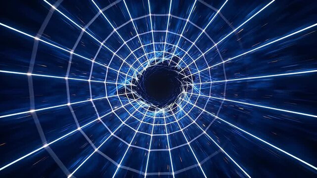 Circular grid tunnel with blue white lines and central void on deep blue background