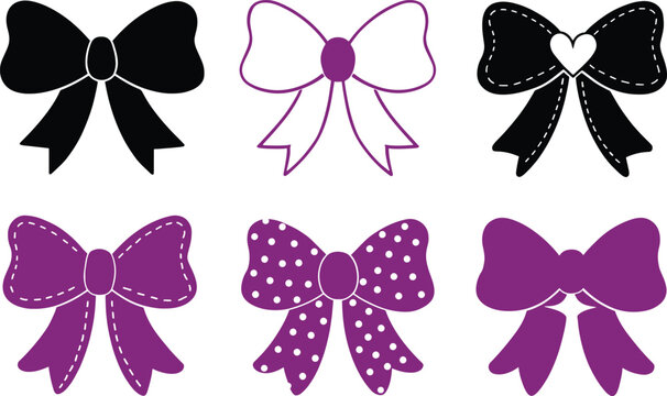 Set of six decorative purple and black ribbon bows for gift wrapping and design elements.