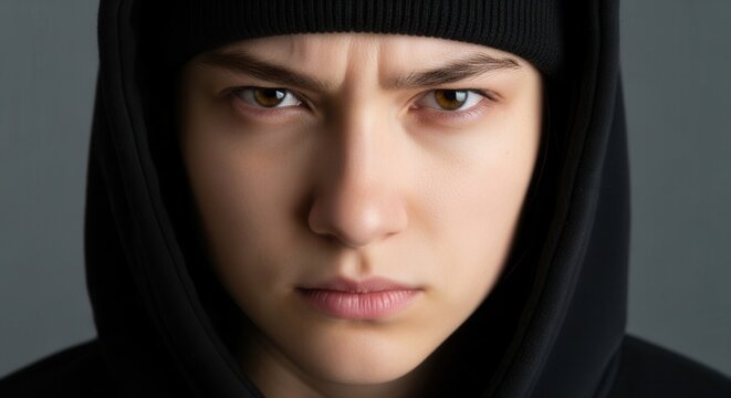 Young woman wearing black hoodie and beanie looking serious