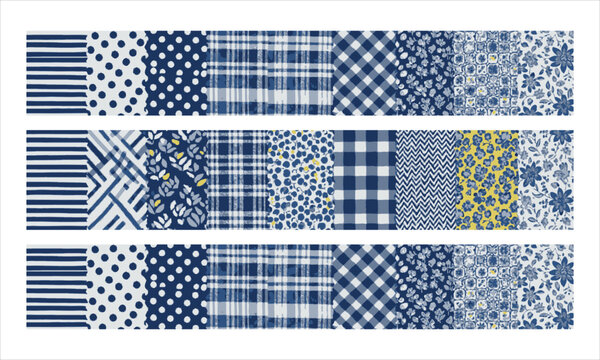 Set of blue fabric texture samples with geometric and floral patterns geometric background