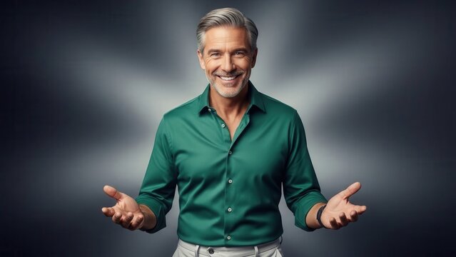Smiling Man Green Shirt Open Hands