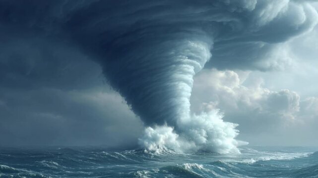 Massive twisting water vortex forming over turbulent ocean under dark stormy sky with clouds creating dramatic natural disaster scene