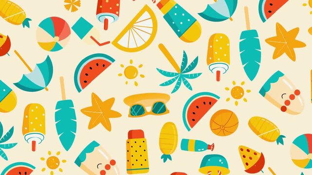 Seamless animated summer pattern background. Cute colorful illustrations of ice cream, watermelon, sunglasses, beach balls and suns. Fun tropical holiday vacation motion graphic loop