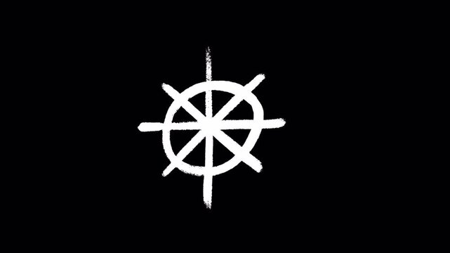 Minimalist white ship steering wheel symbol animation on black background.