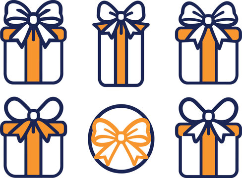 Set of flat line art gift box icons with ribbons and bows.