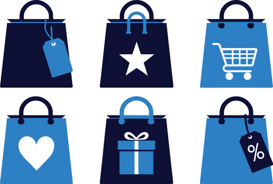 Set of blue shopping bag icons with various retail and commerce symbols.