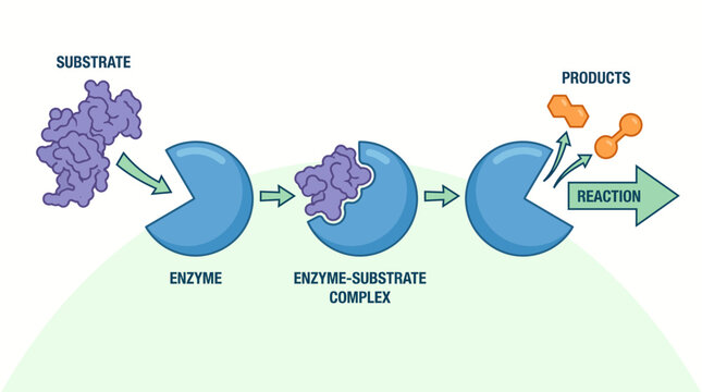Vector diagram illustrating the mechanism of enzyme catalysis showing substrate binding and product formation