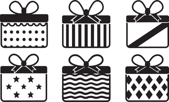 Set of six black and white gift box icons with various decorative patterns.