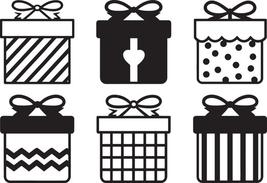 Set of six black and white gift box icons with various patterns.