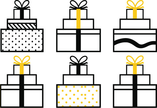 A collection of minimalist gift box illustrations with ribbons and patterns in black white and gold.