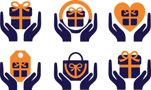 Set of icons featuring hands holding gift boxes and shopping bags.