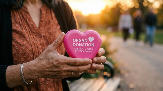 Woman holding pink heart with organ donation message