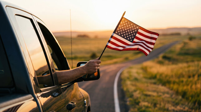 Patriotic road trip scene featuring American flag extended from vehicle at sunset, symbolizing freedom, adventure, national pride and USA Independence Day celebration