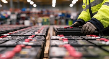 Fototapeta premium Industrial worker handling large batteries in a warehouse setting.