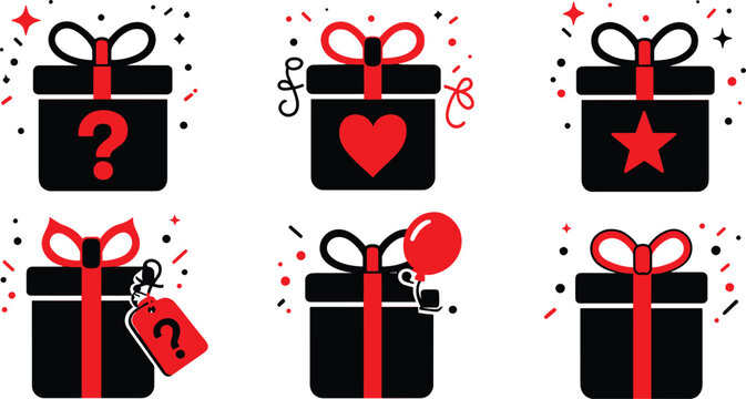 Set of flat vector icons featuring black gift boxes with red ribbons and decorative elements.