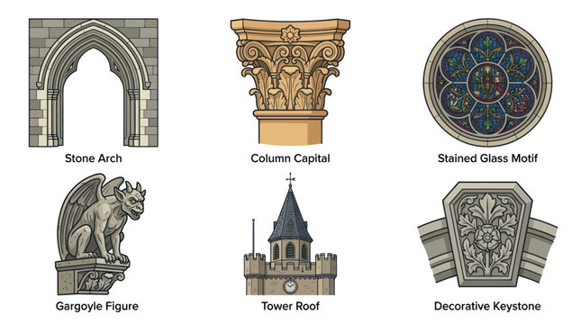 Gothic Architecture Elements: Arch, Capital, Stained Glass, Gargoyle, Tower, Keystone