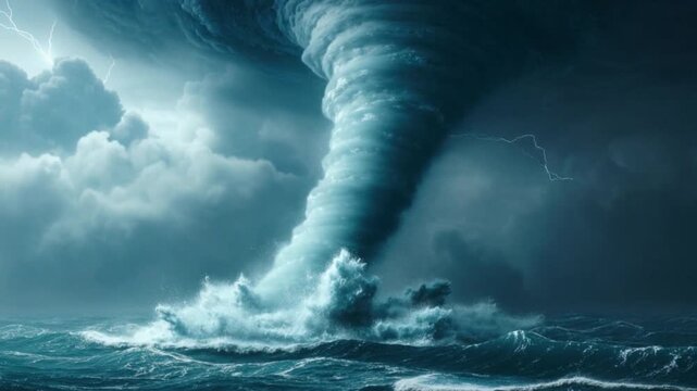 Dramatic ocean water tornado threatening stormy sky with dark clouds swirling powerful natural disaster phenomenon over turbulent sea waves