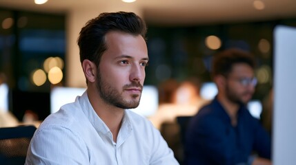 Obraz premium A professional man wearing glasses is focused and thoughtfully looking away in a bright modern office environment