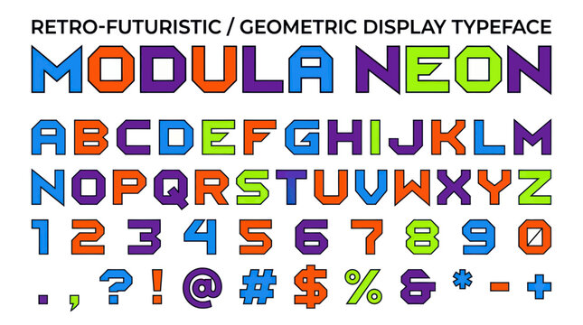 Retro-Futuristic Geometric Font: Modula Neon Alphabet, Numbers, Symbols