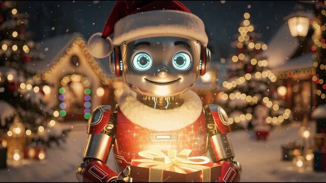 Cute Robot Santa Claus, Christmas Greeting and New Year Celebration