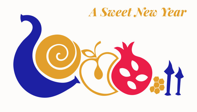Rosh Hashanah horizontal vector with shofar cascade, challah for website header and email banner