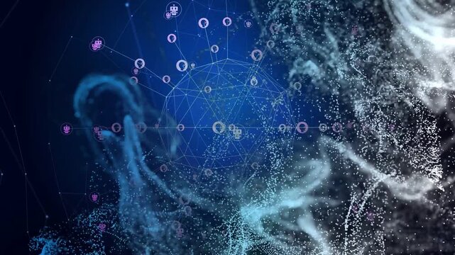 Left ribbon drifting, sphere forming, nodes connecting and particles flowing, visualizing network