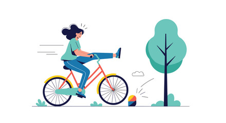 Fototapeta premium Energetic young woman riding bicycle on park path lifting her leg up with speed and positive energy.