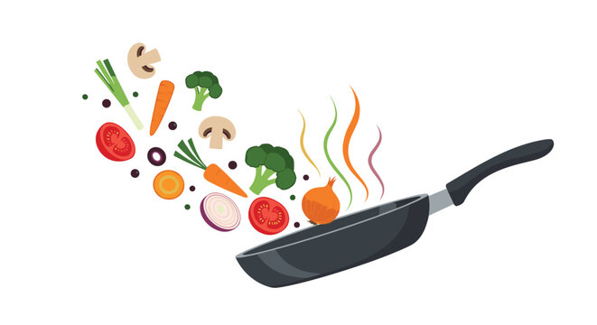 Frying pan with healthy chopped vegetables flying in the air representing culinary art and cooking.