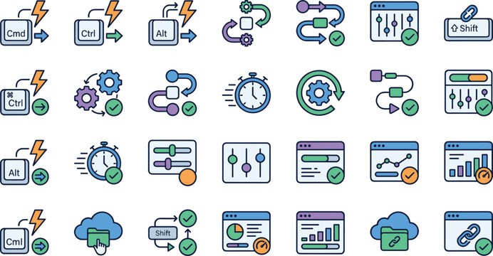 Workflow automation and software productivity vector icon set featuring keyboard shortcuts control panels processing data charts cloud links and optimization trackers