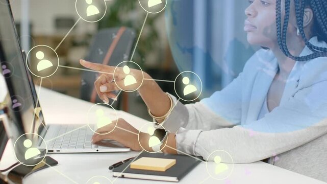 Woman resting head lifting finger as network icons popping on laptop tapping connecting users in IT