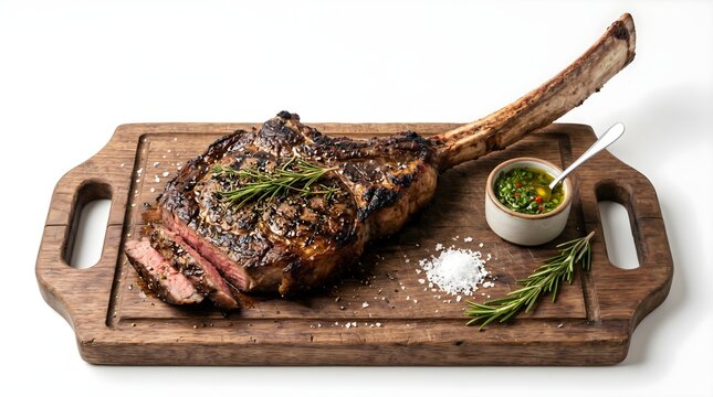 Premium grilled tomahawk ribeye steak with bone served on a rustic wooden cutting board with chimichurri sauce, sea salt, and rosemary.