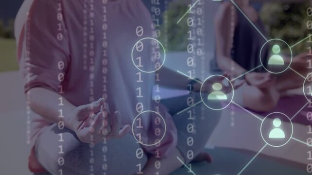 Scene starting teen girl sitting mudra overlay rising nodes aligning near hands showing health icon