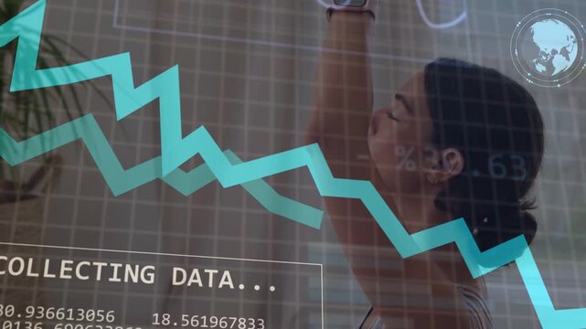 Woman raising arms in living room, HUD collecting data and updating fitness charts for monitoring