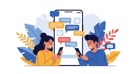 Obraz premium Happy young man and woman texting on their smartphones in front of a giant mobile phone screen with chat bubbles.