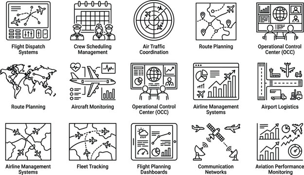Aviation industry and airline management systems line icon set featuring air traffic coordination flight dispatch operational control centers and fleet tracking logistics vectors