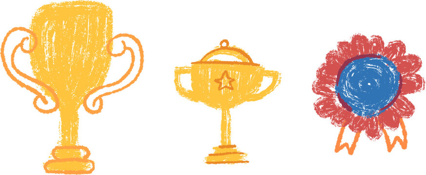 Textured crayon style illustration of golden winner trophies and red award ribbon rosette. Hand drawn victory symbols in doodle childlike style isolated on white background.