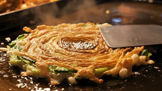 Crispy layered scallion pancake sizzling in oil on a hot griddle at a street food market stall