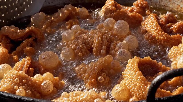 Crispy pork rinds frying in bubbling oil with skin blistering and popping in a deep fryer