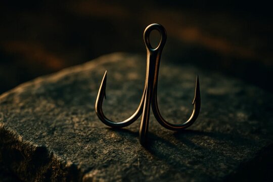 Close up of black treble fishing hook standing on rough stone, dramatic low key lighting and shallow depth of field.