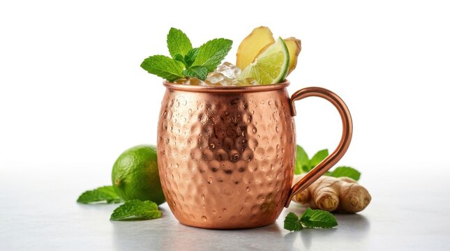 Moscow Mule Cocktail in Hammered Copper Mug with Lime Mint