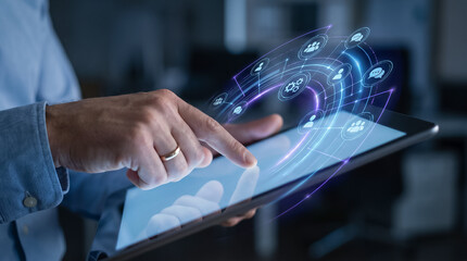 Fototapeta premium HR manager using digital tablet to analyze connected human resources data structure.