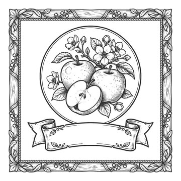label design featuring apple, fig leaves, ornate border, and blank banner for jam packaging sketch engraving generative ai vector illustration. Scratch board imitation. Black and white image.