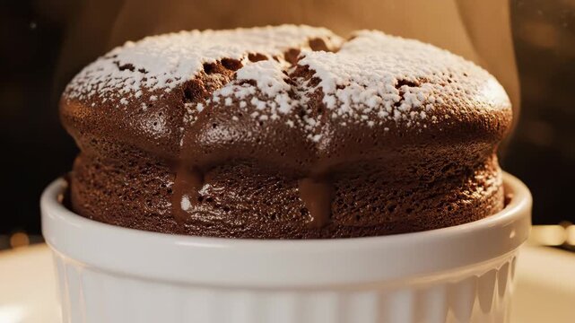 Fresh chocolate souffle rising in a white ramekin with powdered sugar and steam in a warm oven