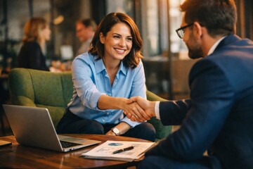 Fototapeta premium Smiling businesswoman shaking hands with client in modern office, symbolizing partnership, trust, and successful agreement.