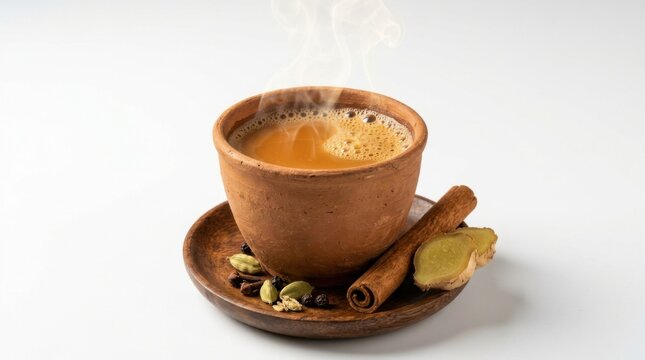 Hot Masala Chai in Clay Cup with Spices on White