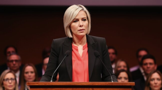 Woman with short blonde hair stands at podium speaking to audience. She wears a black jacket over a coral shirt and uses a microphone. Event attendees watch her presentation.