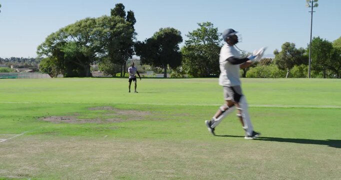 Diverse cricket players and umpire bowling, batting, signaling run on grass pitch, copy space