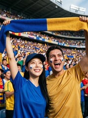 Fototapeta premium Happy diverse couple cheering with scarf at a soccer stadium match