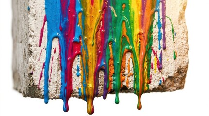 Fototapeta premium Colorful Rainbow Paint Dripping on Concrete Block